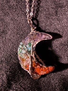 Multicolor Moon Crescent Tree of Life Pendant Necklace